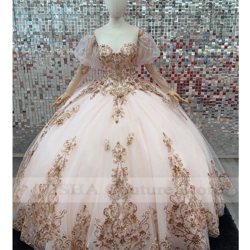 

Puff Remove Long Sleeves Quinceanera Dresses 2023 Sequin Appliques Ball Gown Birthday Gown Lace-Up Sparkly Sweet 16 vestidos
