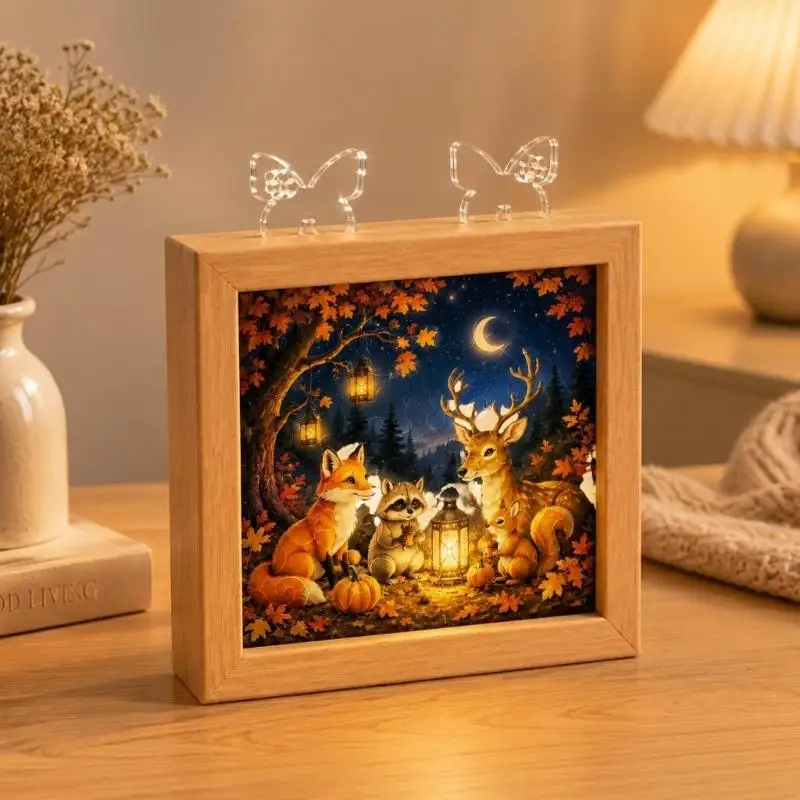 Indoor Puzzle Lamp with Clear Acrylic Art Panel, Natural Frame, Touch Control, USB Power, and Included Cable 55KF