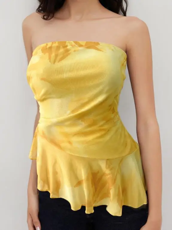 

2026 New Summer Sexy Strapless Tie Dye Vest for Women with Exposed Shoulders and Lotus Leaf Edge Short Top