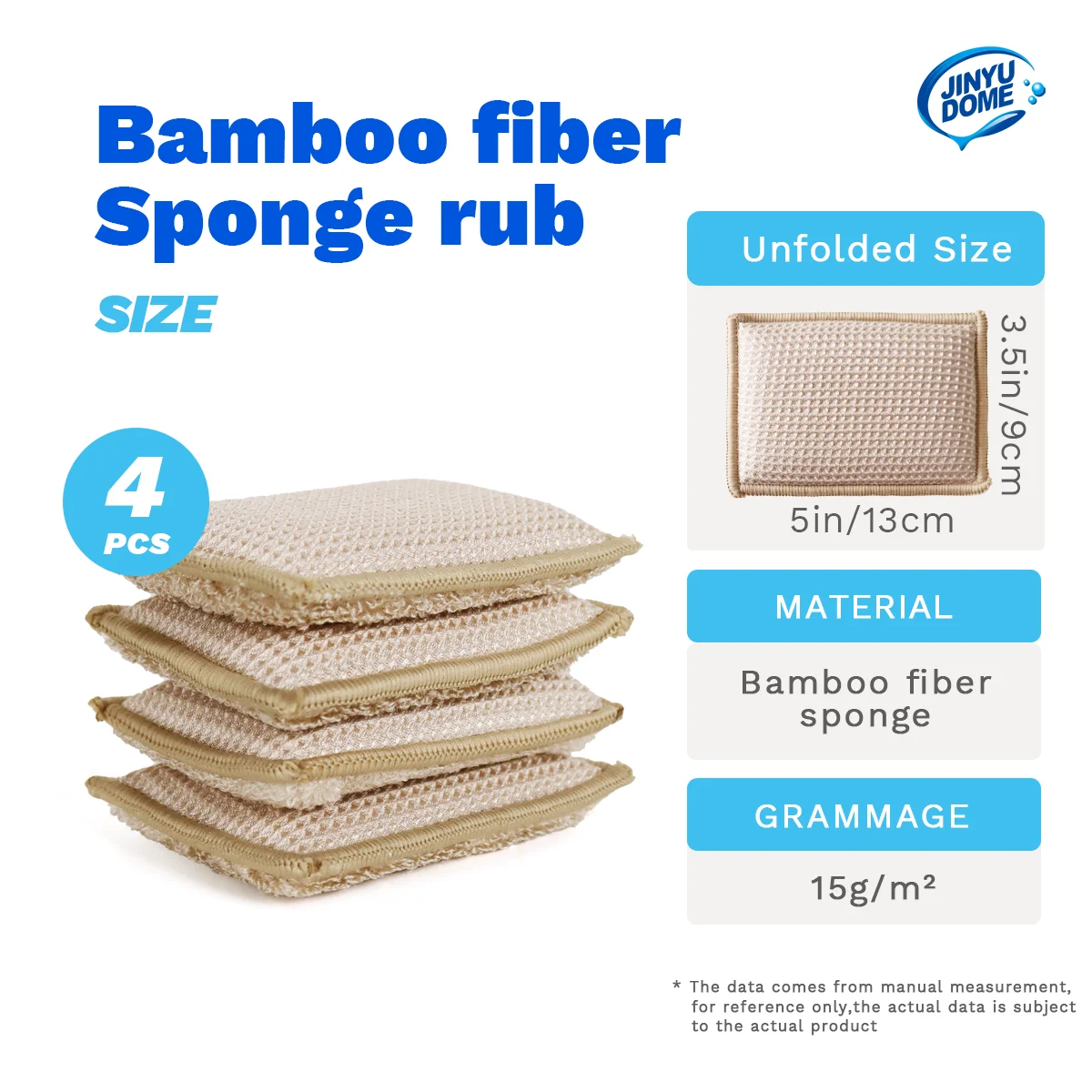 JINYUDOME 4Pcs/Set Bamboo Fiber Sponge Rub Cleaning Sponge Rub Non-stick Kitchen Household Cleaning Dishwashing Tool Scrub Pot