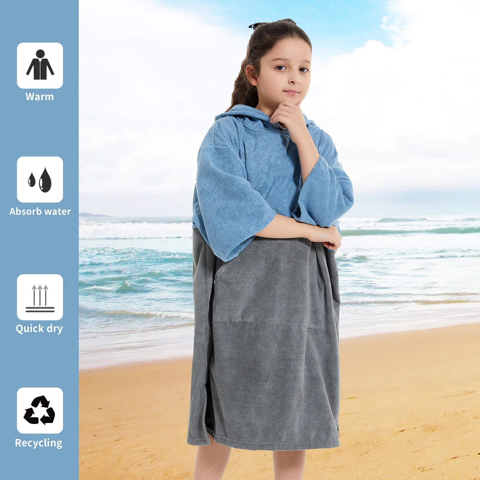 Kids Changing Towel Robe: Absorbent Quick Dry Surf Poncho, 3/4 Sleeve Microfiber Bath Towels for Beach Pool