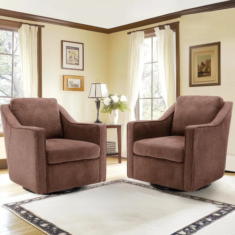 Mid-Century Sofa Chair ,Upholstered 360° Swivel Accent Chair Set of 2 with Track Arms,for Living Room and Bedroom, Brown