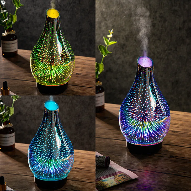 Slant Mouth Vase Shaped 3D Glass Diffuser Colorful Illusion Light Silent Humidification Aromatherapy Machine