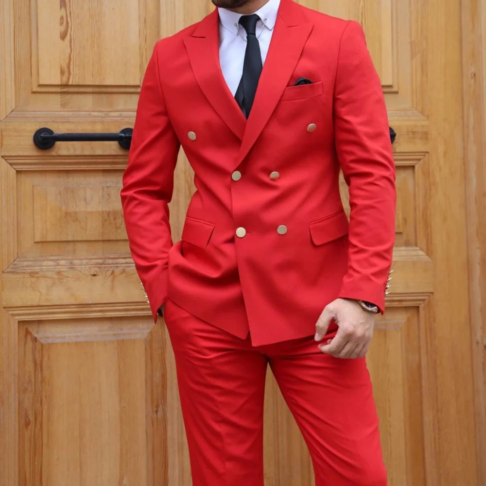 Formal Red Double  Slim Fit Men Suits Casual   Prom Evening Party England Style 2 Piece Jacket Pants Blazer Set