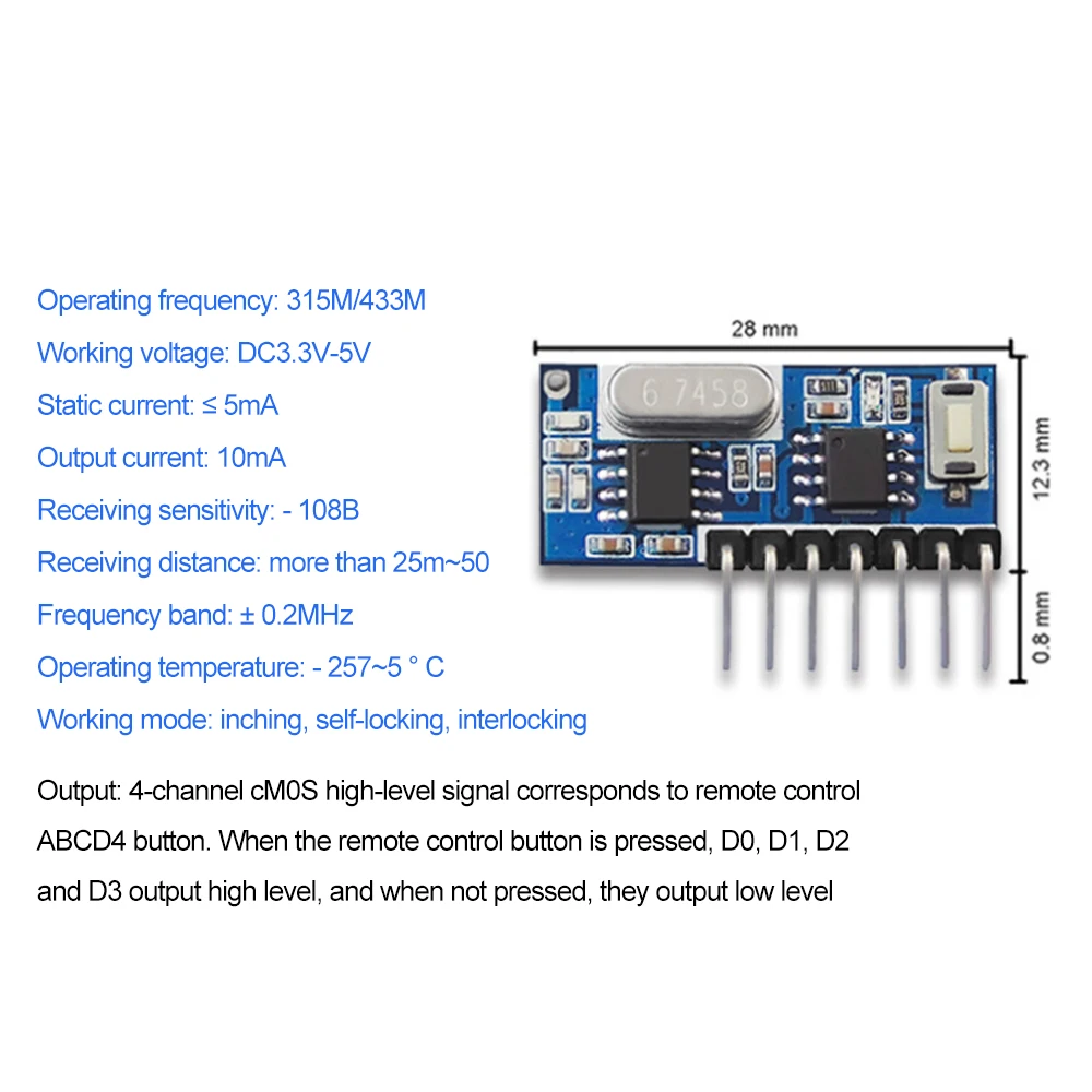 433 Mhz RF Remote Control Receiver and 433mhz RF Relay Receiver Switch Module DC3.3V-5V Jog Self-locking Interlock Controller