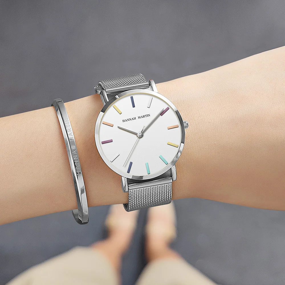2023 New Brand Women\'s Fashion Watch Hannah Martin Japanese Movement 36mm Color Graduated Stainless Steel Mesh Strap Reloj Mujer