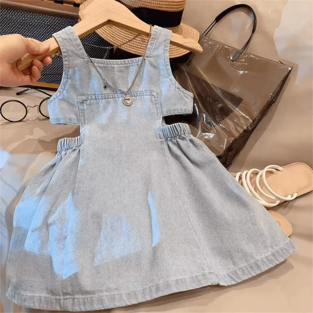 2-7 Years Old Blue Hollowed Out Denim Square Neck Camisole Dress Solid Color Korean Kids Clothes Summer New Girls Casual Dresses