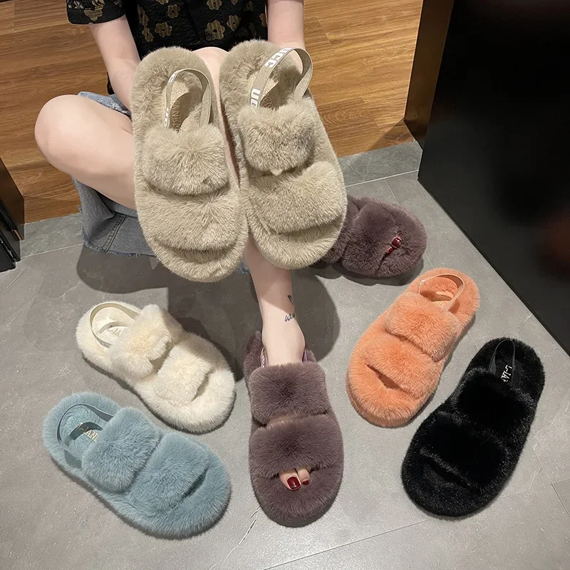 Winter Candy Color Thick Bottom Non-slip Home Cotton Slippers Big Size Casual Hairy Slippers Women Fashion Versatile Warm Shoes