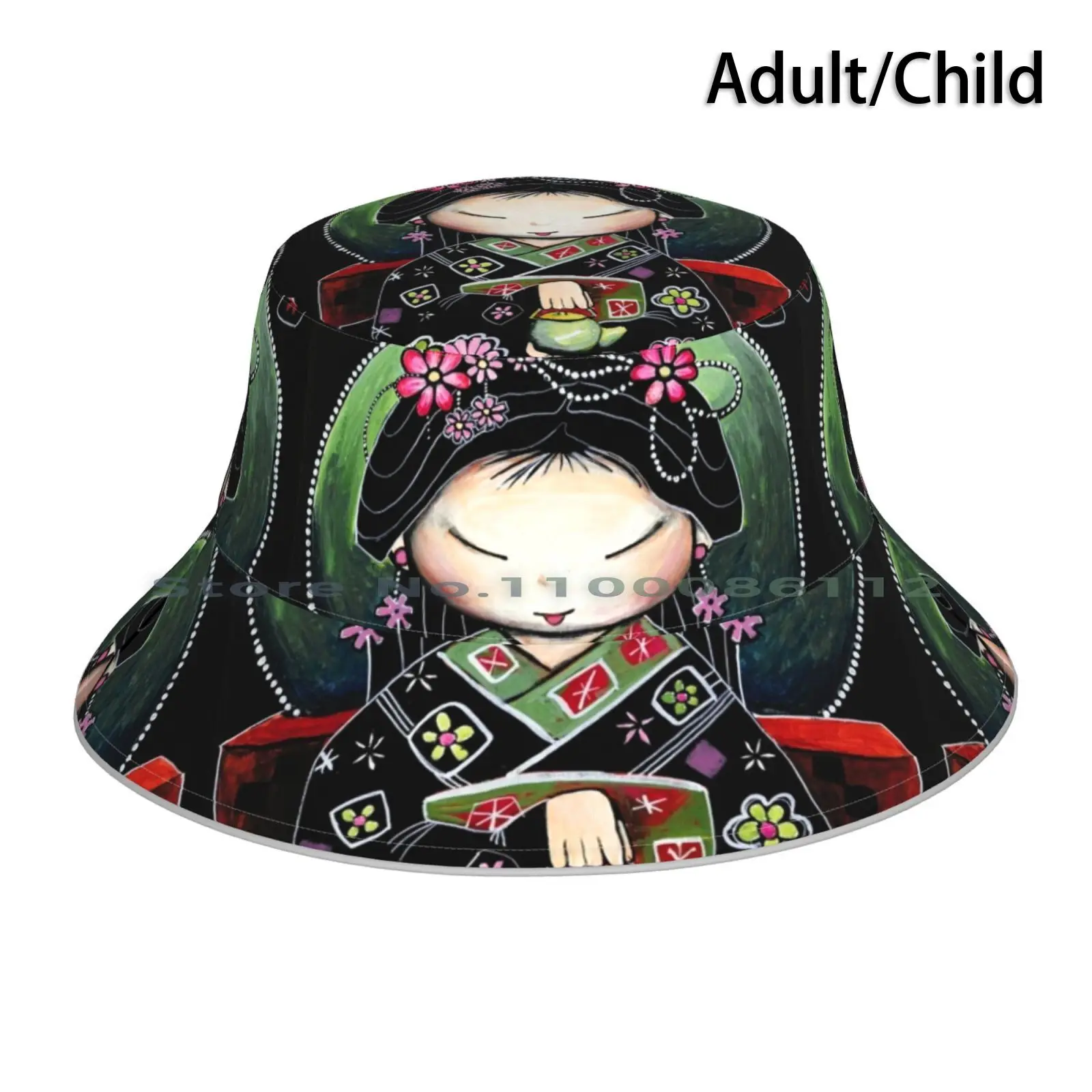 Little Green Teapot Bucket Hat Sun Cap Cute Character Little Green Teapot Karin Taylor Geisha Girls Red Bubble Children Acrylic