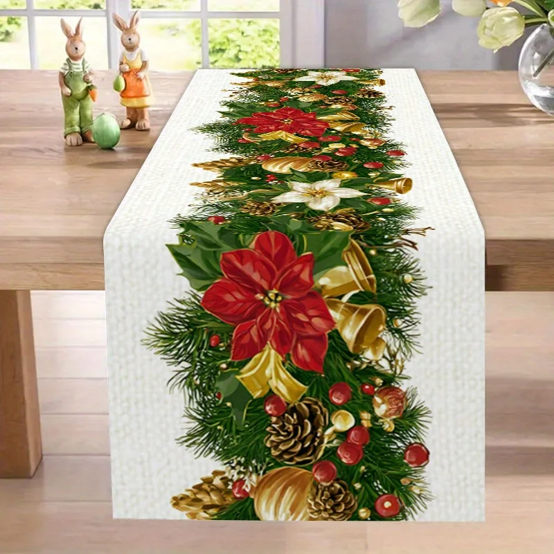 Christmas Poinsettia Pine Needle Table Runner Party Decor Reusable Winter Kitchen Dining Table Runner Christmas Decorations