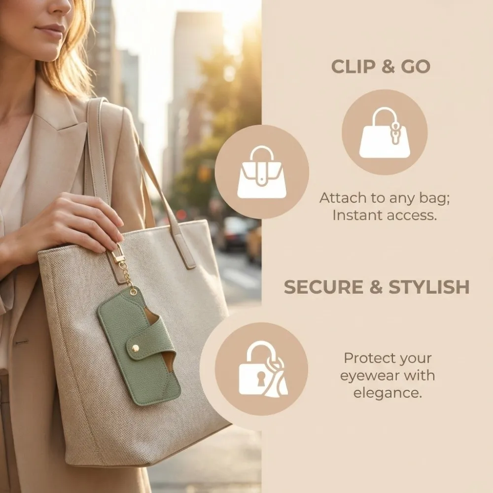 PU Leather Glasses Case Solid Color Chain Reading Glasses Storage Bag Snap Button with Bag Pendant Eyewear Protector