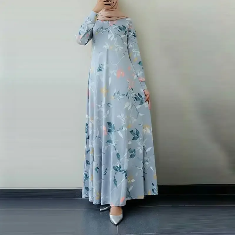 2025 Nieuwe Moslim Abaya Jurk Vintage Print Gewaad Femme Musulman Ronde Hals Grote Schommel Vrouwen Jurk voor Europa Amerika Dubai Marokko