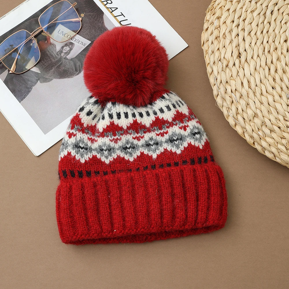 المرأة الشتاء قبعة دافئة غزل سميك جديد الجاكار قبعات منسوجة موضة الفراء الكرة قبعة زوجين قبعات #6
