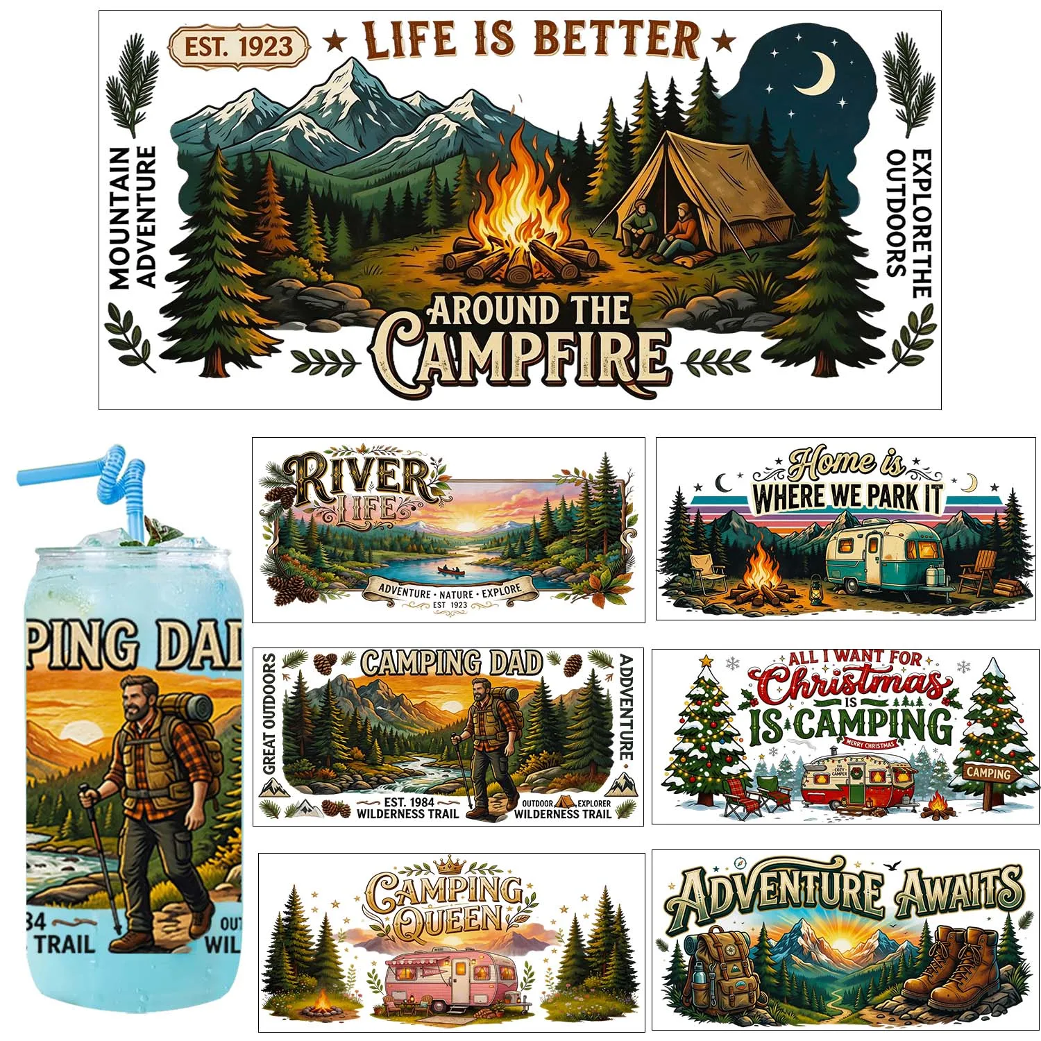 Weekend Camper ADVENTURE UV DTF Transfer Sticker Waterproof DIY Decals 3D Transfers UVDTF Sticker 16oz UV DTF Cup Wraps