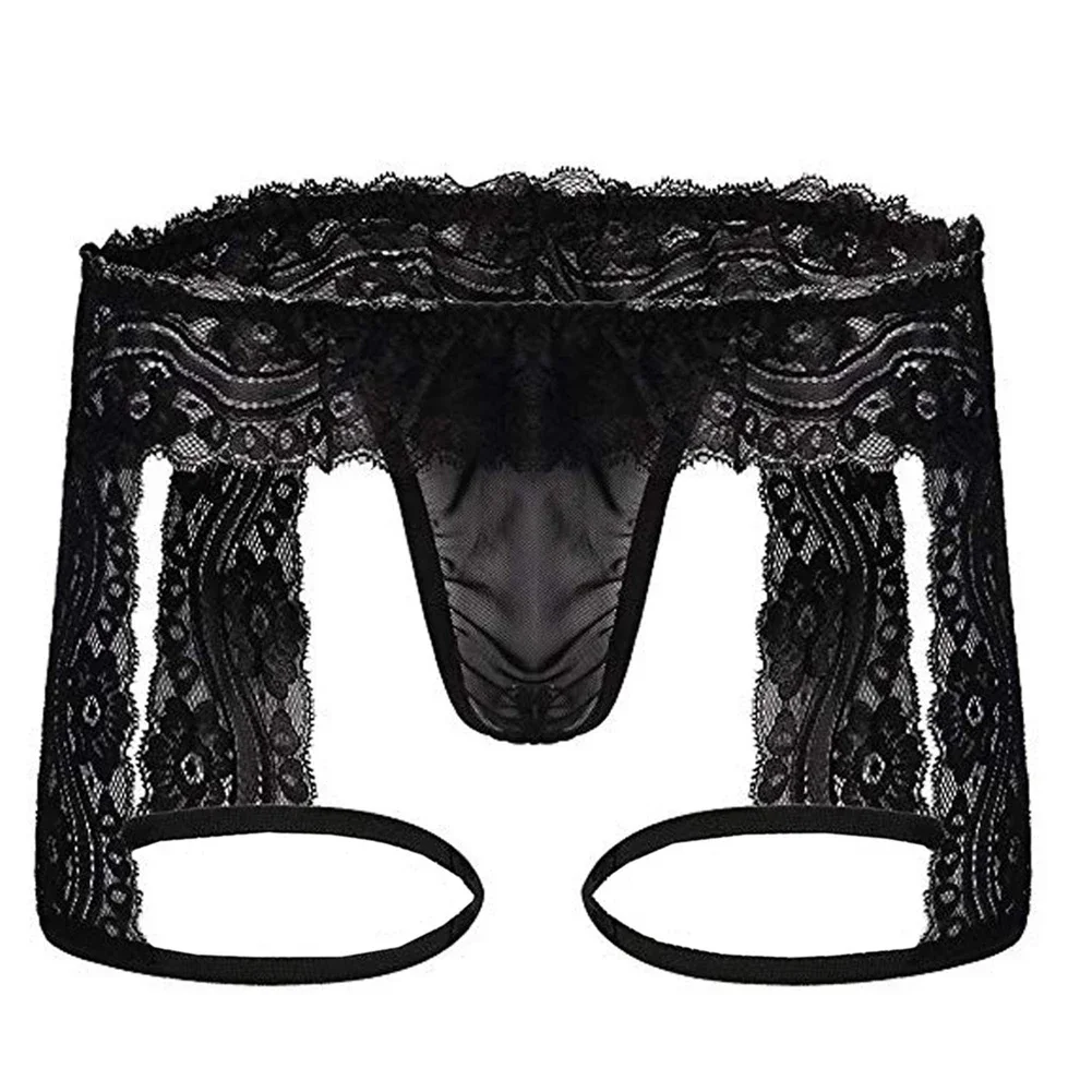 2025 Sexy Men Sheer Lace Briefs Sissy Underpants Bulge Pouch Panties Back Hollow Out Open Buttocks Underwear Seductive Lingerie image 3