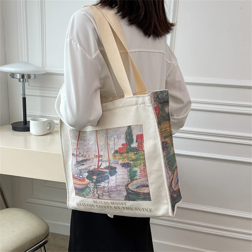 Retro Flower Canvas Bag Large Capacity Shoulder Bag Ladies Fashion Literature Cotton Letters Shopping Bag Student Handbag 2024