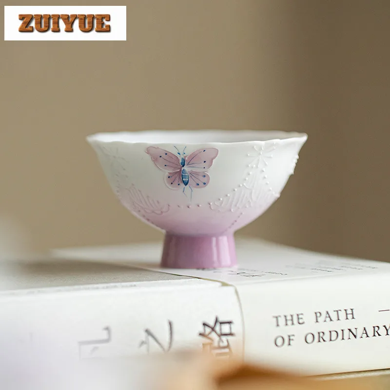 

2pc/lot Hand Drawn Bead Curtain Butterfly Flower Mouth Teacup Zen Tea Bowl Jug Tea-tasting Smelling Cup Chazhan Master Cups 70ml
