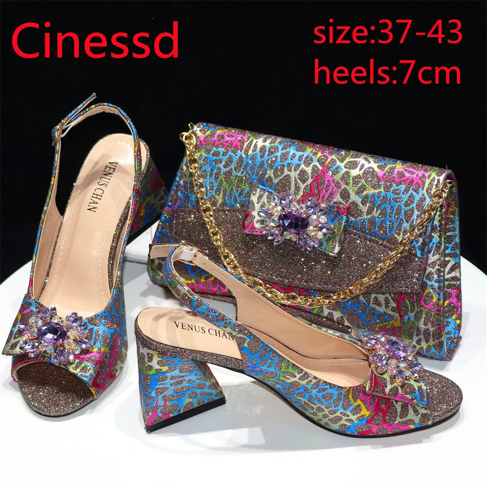 Gold Fashion New Arrivals 2024 Spring Summer Design Italian Women Shoes Matching Bag Set with Shinning Crystal for Party