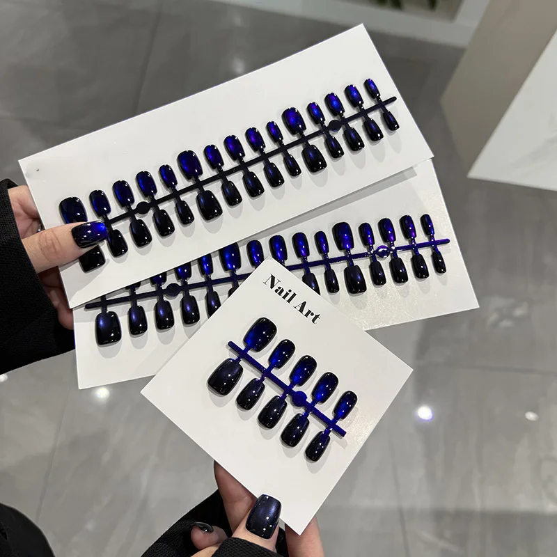 30Pcs Aurora Blue/Red Cat Eye's Short Square Fake Nails Press on Nail Halloween&Christmas Nail Tips Full Cover Acrylic Blue Tips