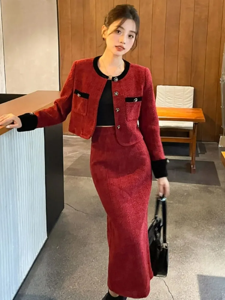 

Insozkdg Winter 2024 New Fashionable Red Chic Style Suit Skirt Elegant Two-Piece Set Women Female Office Lady Girl High Quality