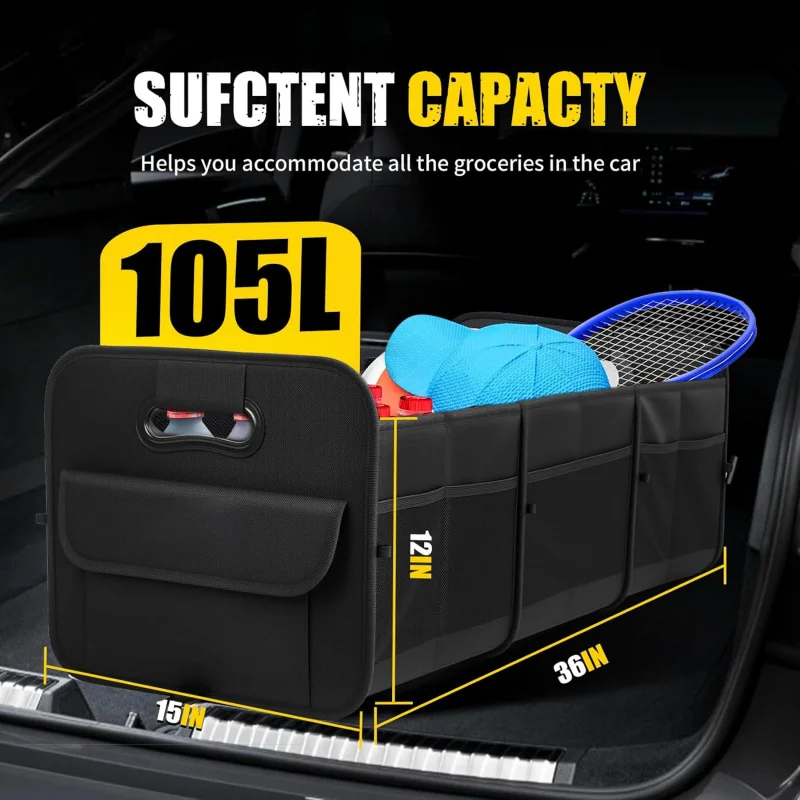 

Складной органайзер для багажника автомобиля 105 л для внедорожника, грузовика, фургона, большая вместимость, нескользящая основа, ящик для хранения, черный