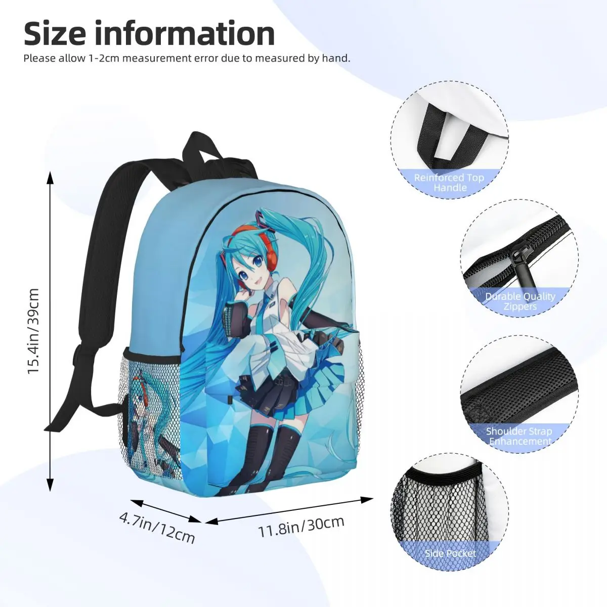 Hatsune Miku-mochila de estudiante de gran capacidad para niñas y niños, mochila impermeable ligera, 15 pulgadas