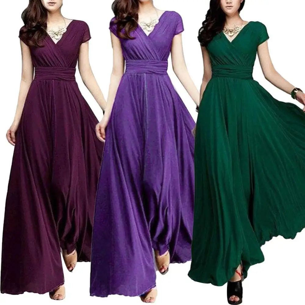 Hot summer Bohemian Women Solid Color Short Sleeve V Neck Tight Waist Maxi Evening Dress Tight Waist Maxi Evening Dress