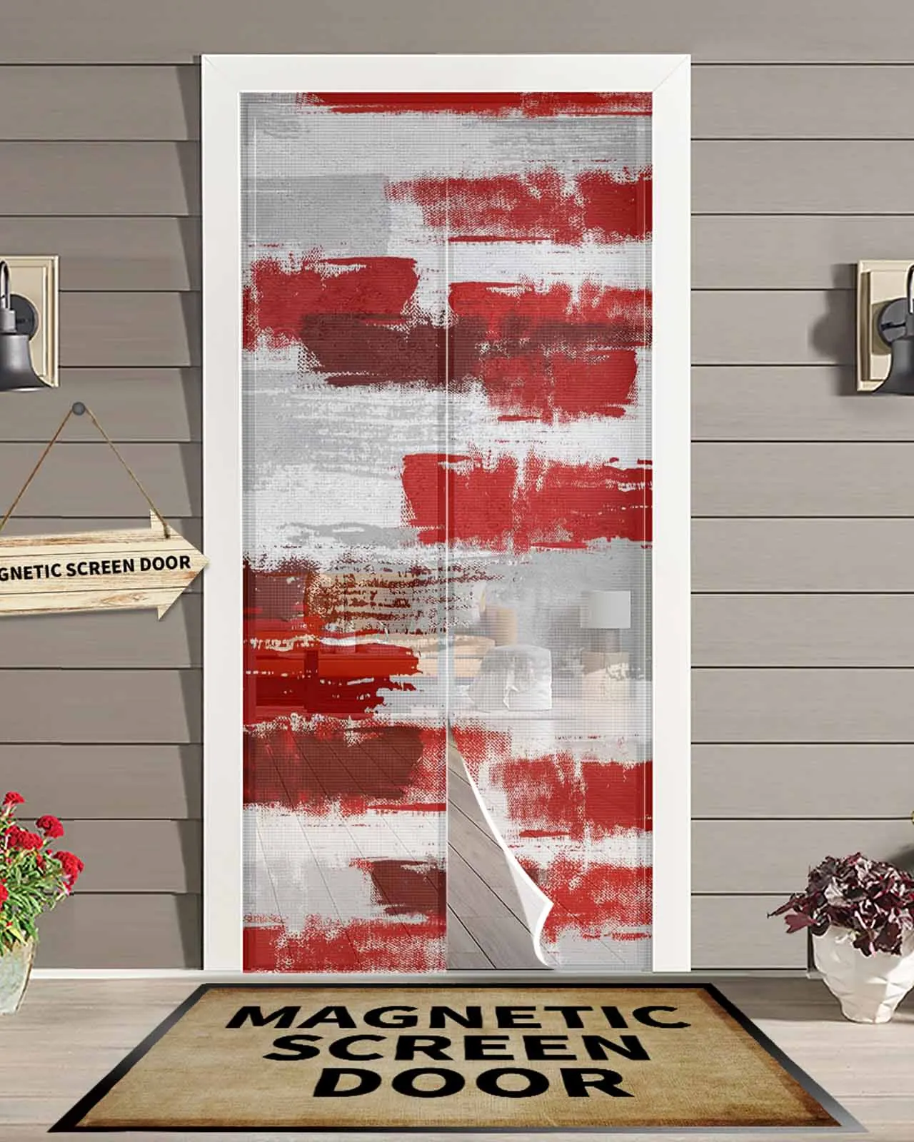 

Абстрактная красная горизонтальная линия, пятнистая магнитная дверная занавеска для гостиной, спальни, дома, антимоскитная занавеска для двери