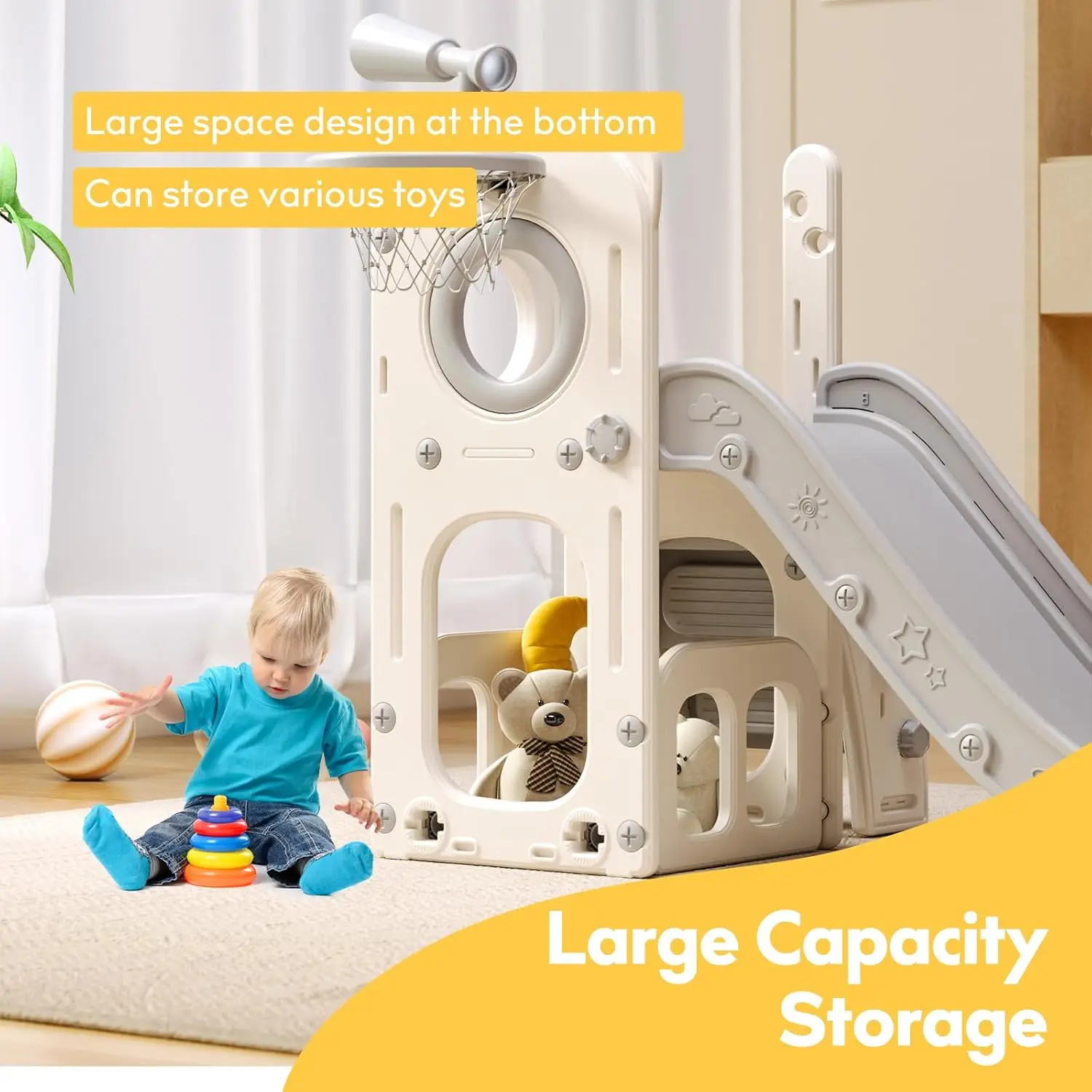 Zestaw do zabawy dla dzieci 6 w 1 z zjeżdżalnią, koszykiem do koszykówki, piłką i grają na rzucanie kółkami - zabawka dla maluchów do użytku wewnątrz i na zewnątrz