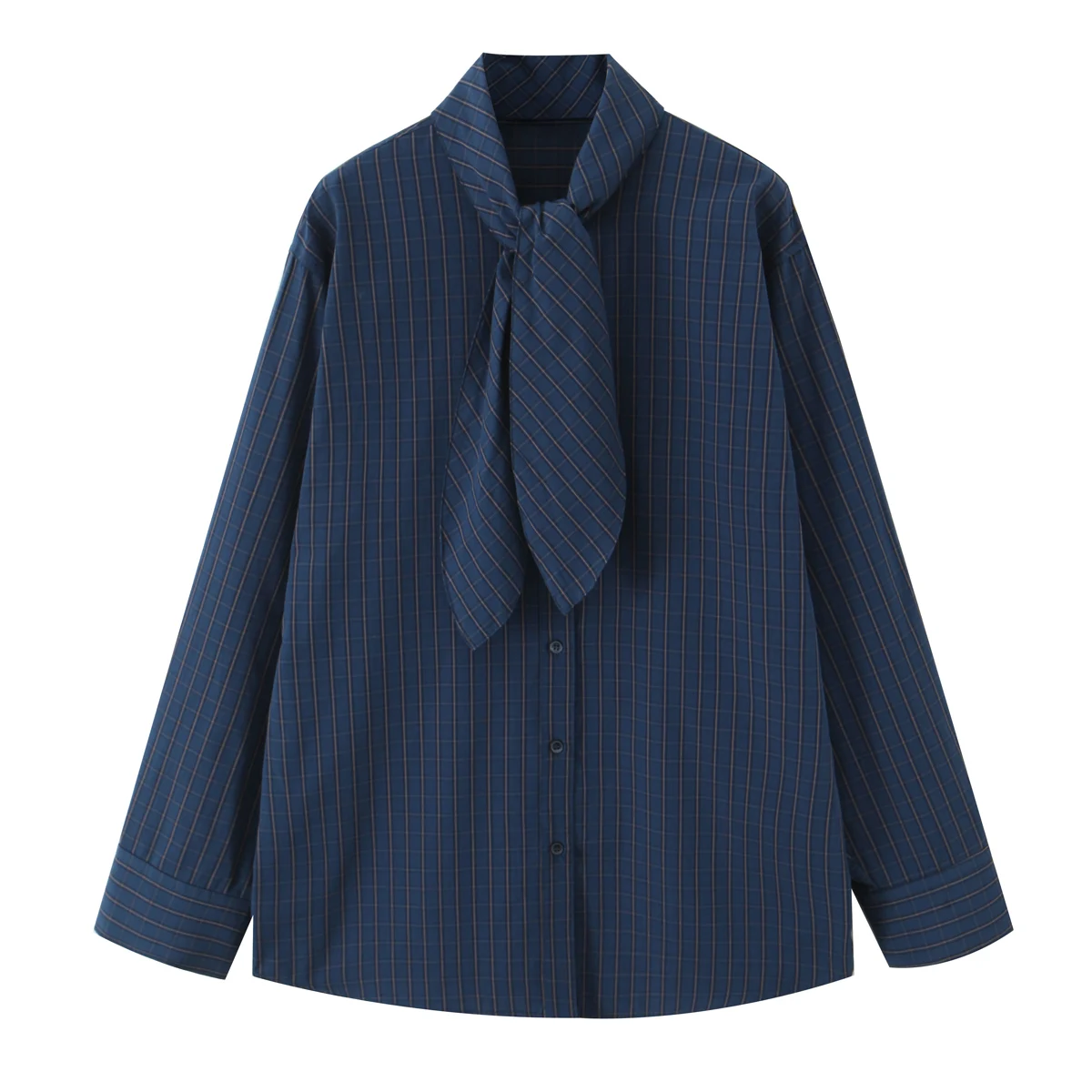 DUOPERI damesblouse met strik, geruite enkele rij knopen, sjaalkraag, lange mouwen, vrouwelijke elegante chique damesoverhemden - afbeelding 1