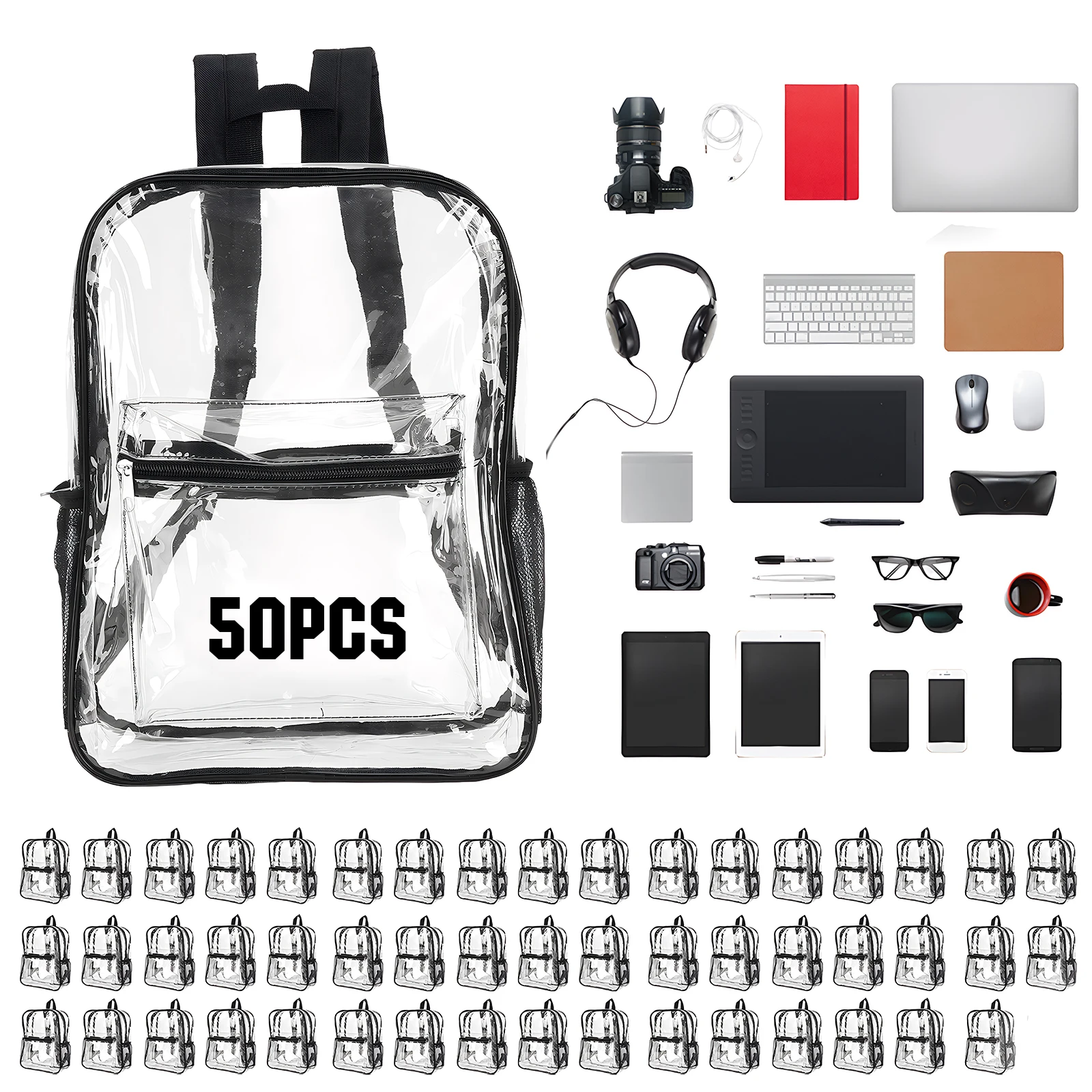 

50 Pack PVC Clear School Backpack with Multiple Pockets 15 Inch Small Clear Concert Bag Water-Resistant for Stadium Work Travel