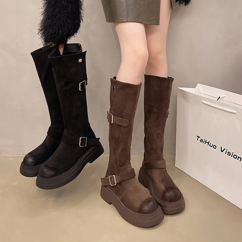 

Vintage Suede Women Knee High Boots Fashion Back Zippers Shoes Autumn Winter Laides Concise Long Botas De Mujer