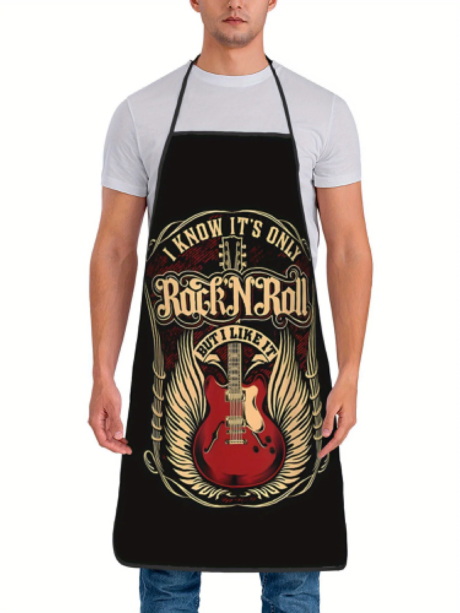 An apron with guitar pattern, which is very suitable for kitchen work and household cleaning, is a holiday gift