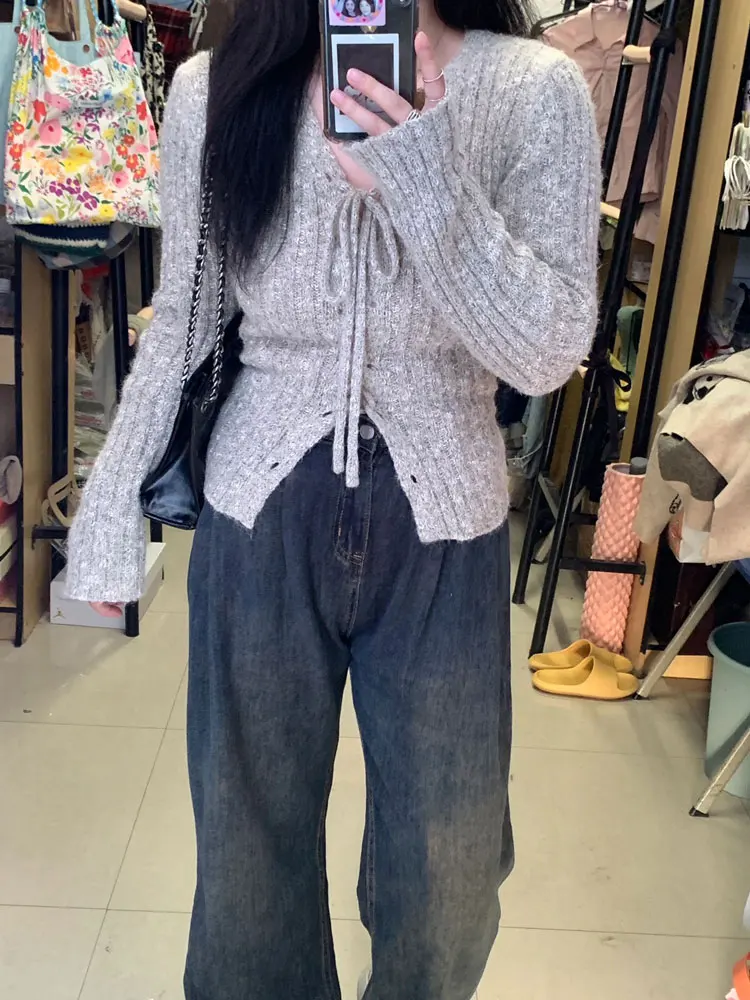 

American Sle Spicy Girl V-Ne Knitted Cardigan Women's Autumn Winter Slimming Inner Wear Base irt Top with Belt