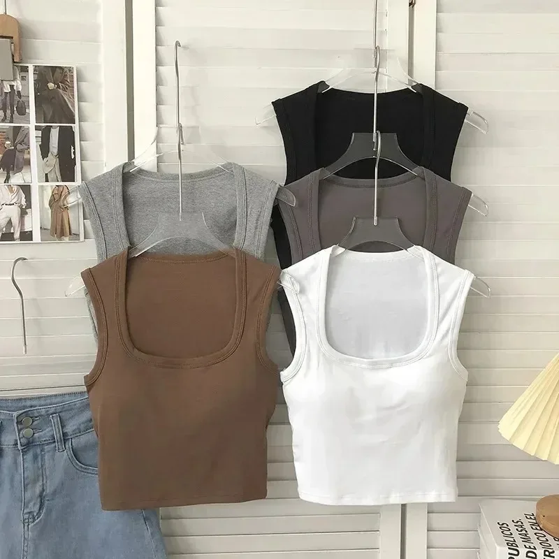 Summer Women Square Neck Sleeveless Camisole with Padding Sexy Solid Color Tank Top Low-Collar Breathable Casual Tops for Female