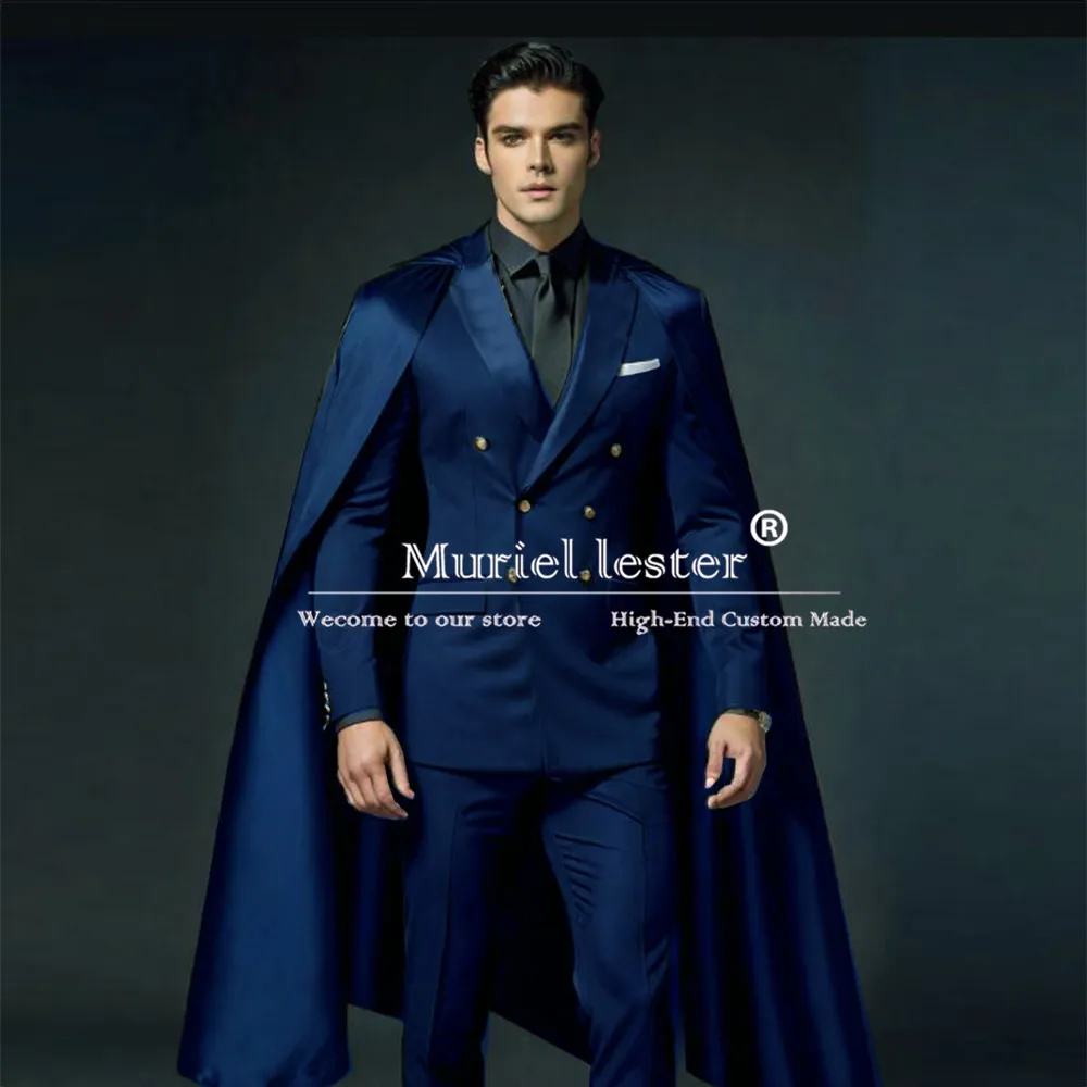 Elegant Men\'s Suits With Cape Double Breasted Jacket Pants 2 Pieces Groom Wear Wedding Tuxedos Man Business Blazer Customized