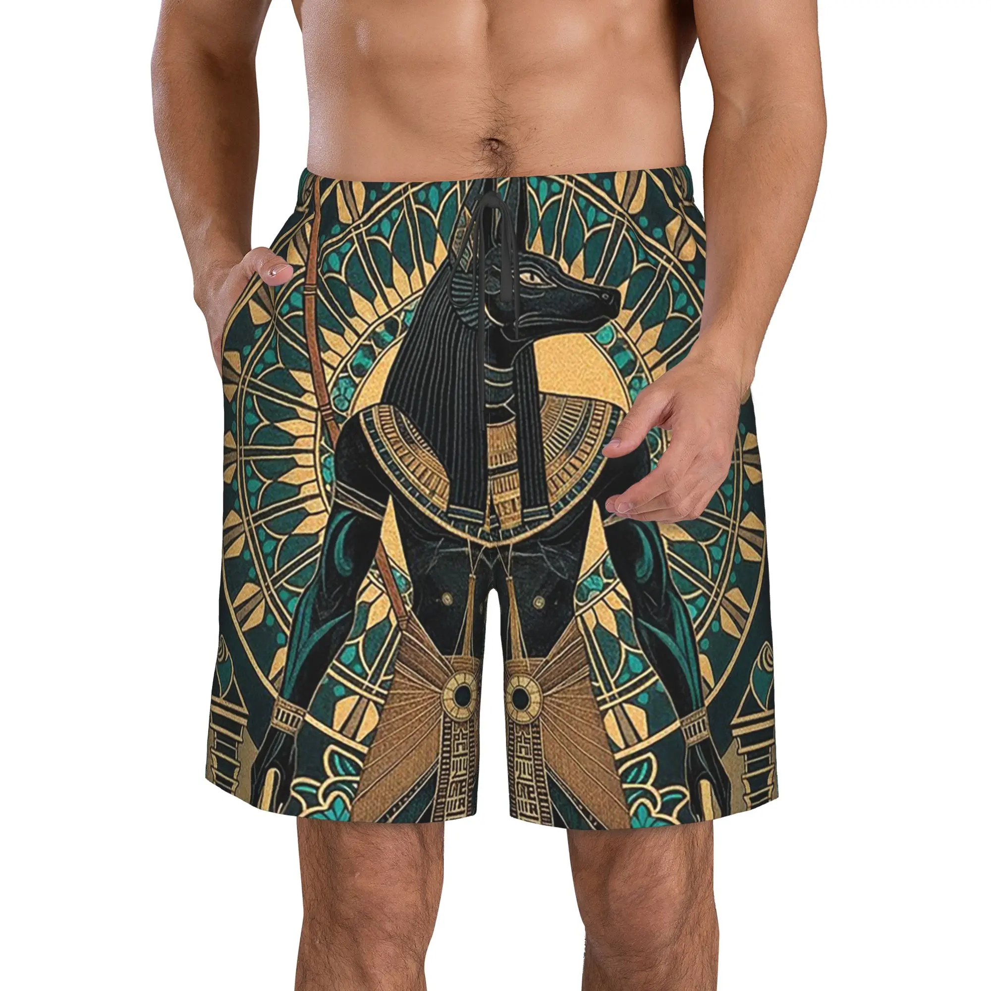 Ancient Egyptian Murals with Hieroglyphs Anubis Trunks Beach Board Shorts Casual Quick Dry Swim Summer Men Pants