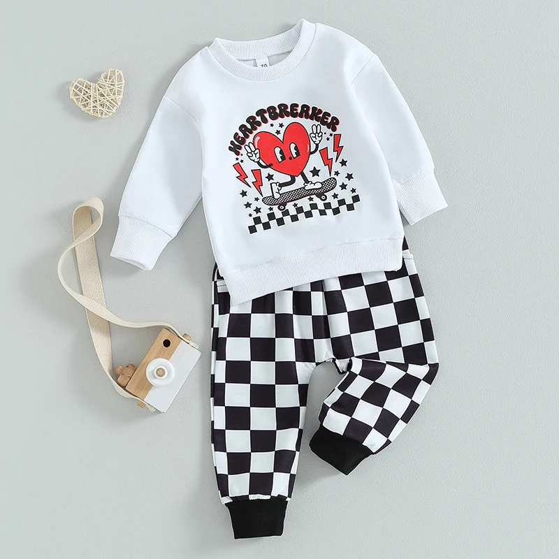 

Baby Boy Valentines Outfit Long Sleeve Heart Breaker Cartoon Print Sweatshirt Plaid Pants Infant Spring Suit