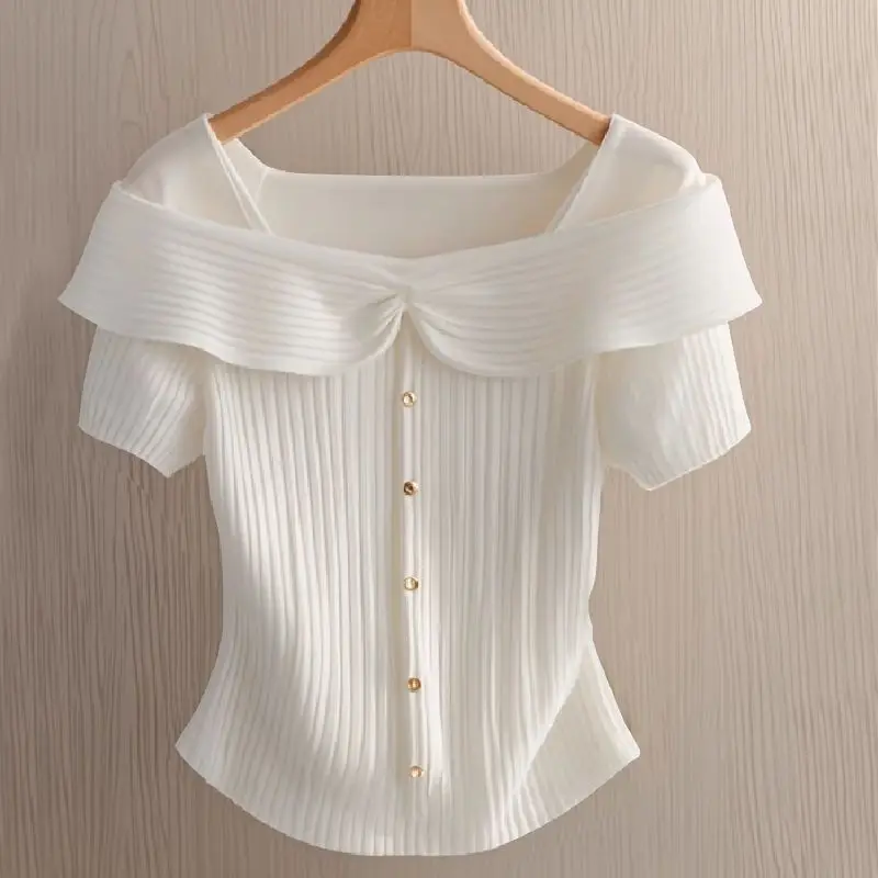 Summer French Square Collar Short-sleeved T-shirt Sweater for Women's Design Niche Slim Short Top Trendy