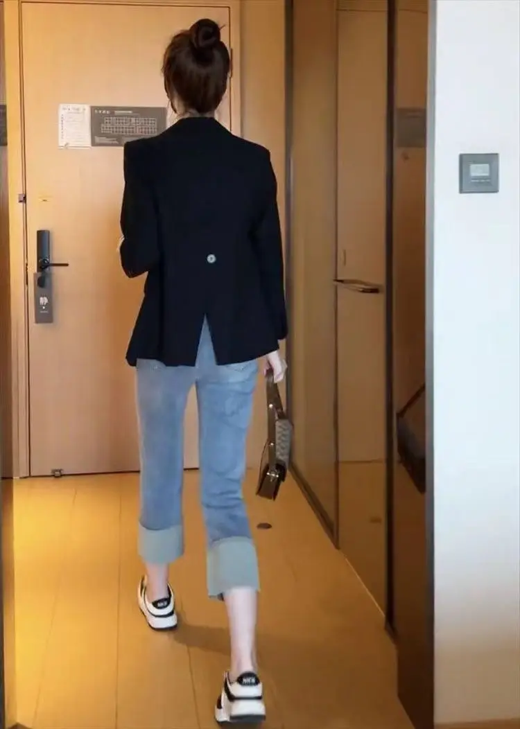 

Chic Elegant Women's Blazer Coat Temperament All-match Vintage Slim Back Slit Suit Coats 2025 Spring Autumn New Female Clothing