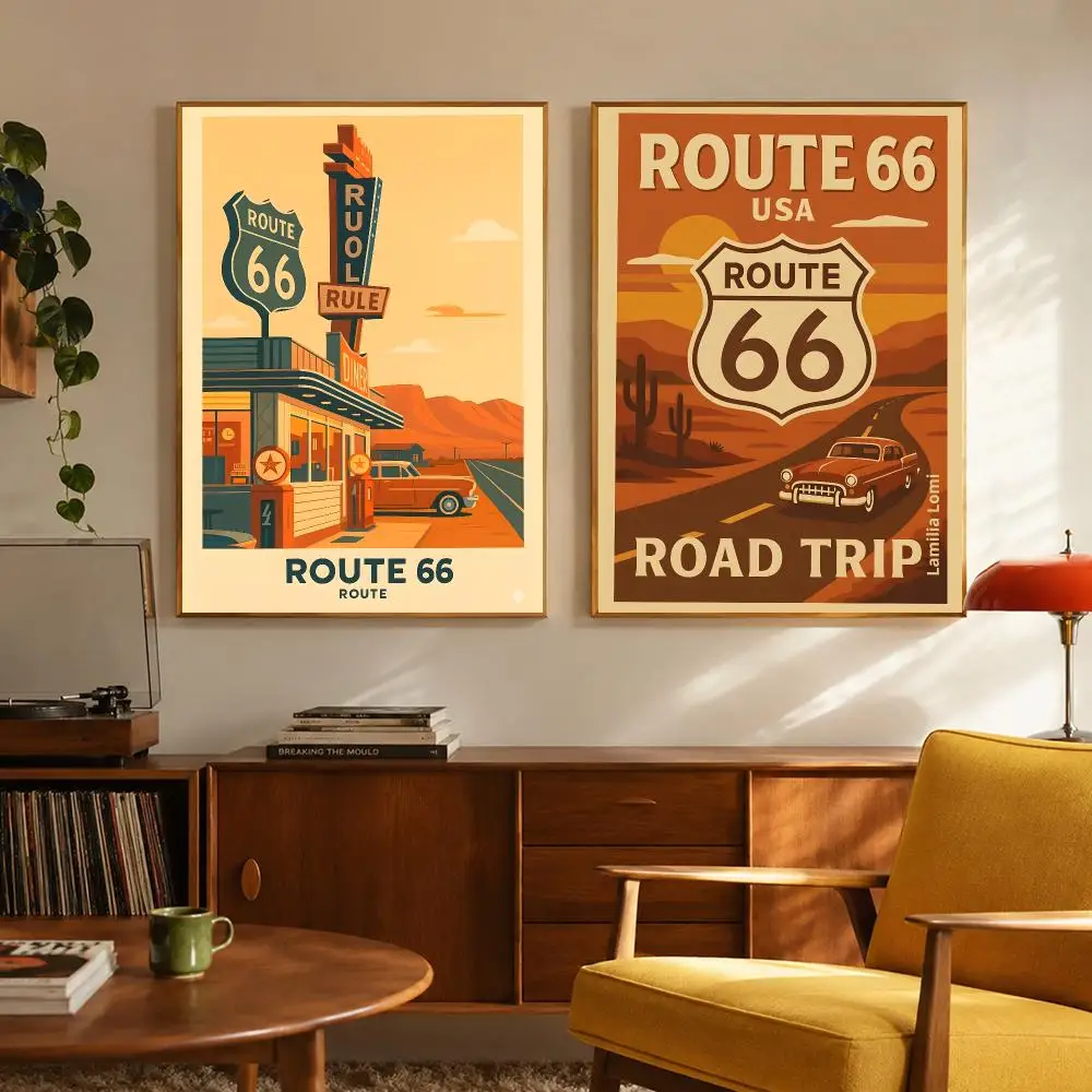 Road Art R-Route 66 Poster Poster Print Waterproof PP Fade-Resistant Wall Art Room Decor Gift