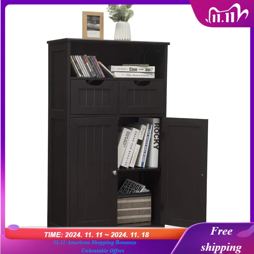 

Bathroom Floor Cabinet, Storage Cabinet w/Open Shelf, 2 Doors & 2 Adjustable Drawers, Standing Cupboard for Kitchen