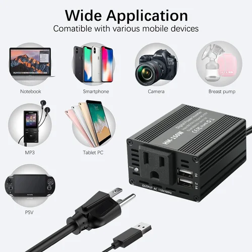 Imagen 2 del producto Inversor de coche de 150W, CC de 12V a EE. UU., CA de 110V, salida de 60hz, adaptador USB Dual para coche, convertidor, cargador automático, transformador de voltaje de enchufe estadounidense