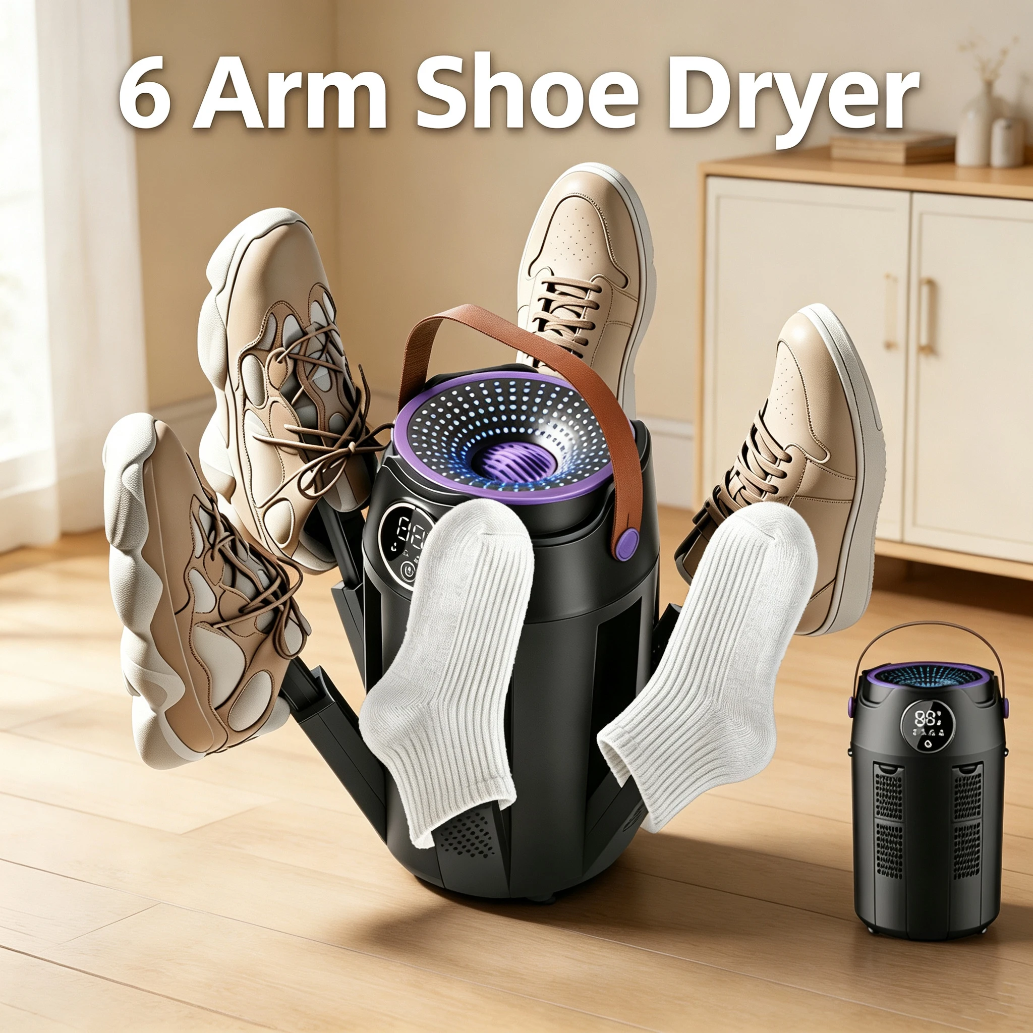 Shoe Dryer 6 Arm Boot Dryer with UV Sterilization 3 Timer 6/9H PTC Heater Digital Display for Home Family Sneakers