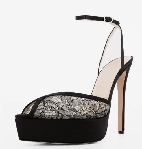 

Black Lace Floral Pointed Peep Toe Platform Slingback Summer Sandals Women Sexy Shallow Ankle Strap Thin Heels Party Sandals