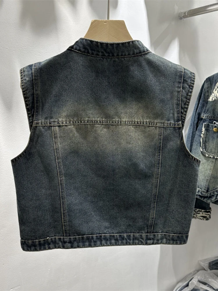 Coletes jeans vintage single breasted para mulheres, bolsos sem mangas, casacos retalhos, roupas com o pescoço, todo o fósforo, moda primavera e outono