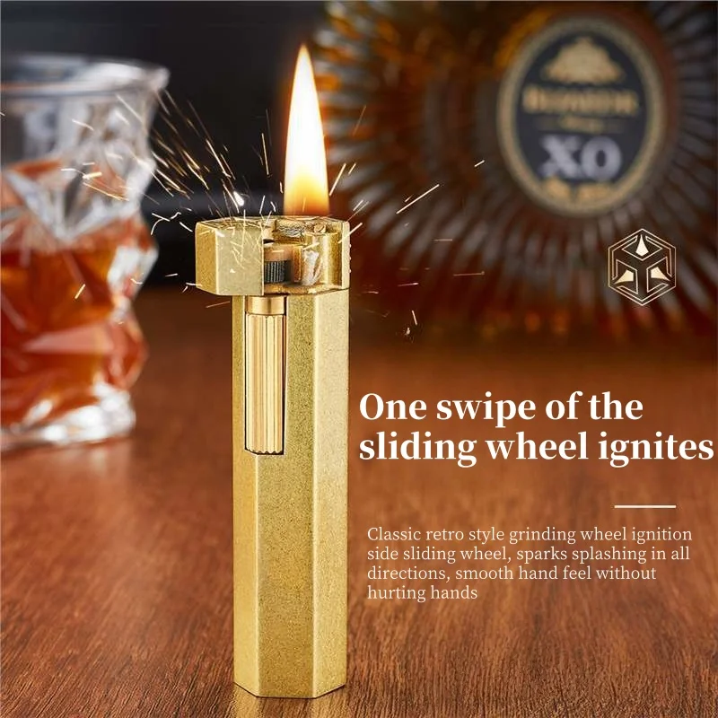 

European Retro Rolled Hexagonal Grinding Wheel Lighter Alloy Material Classic Open Flame Portable Handmade Old-Fashioned Lighter