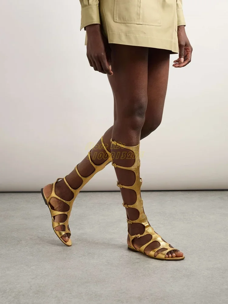 

Gold Knee High Flat Shoes Multi-Buckle Strap Round Toe Hollow Summer Spring Rome Women Sandal Boots Black Handmade Cut Out