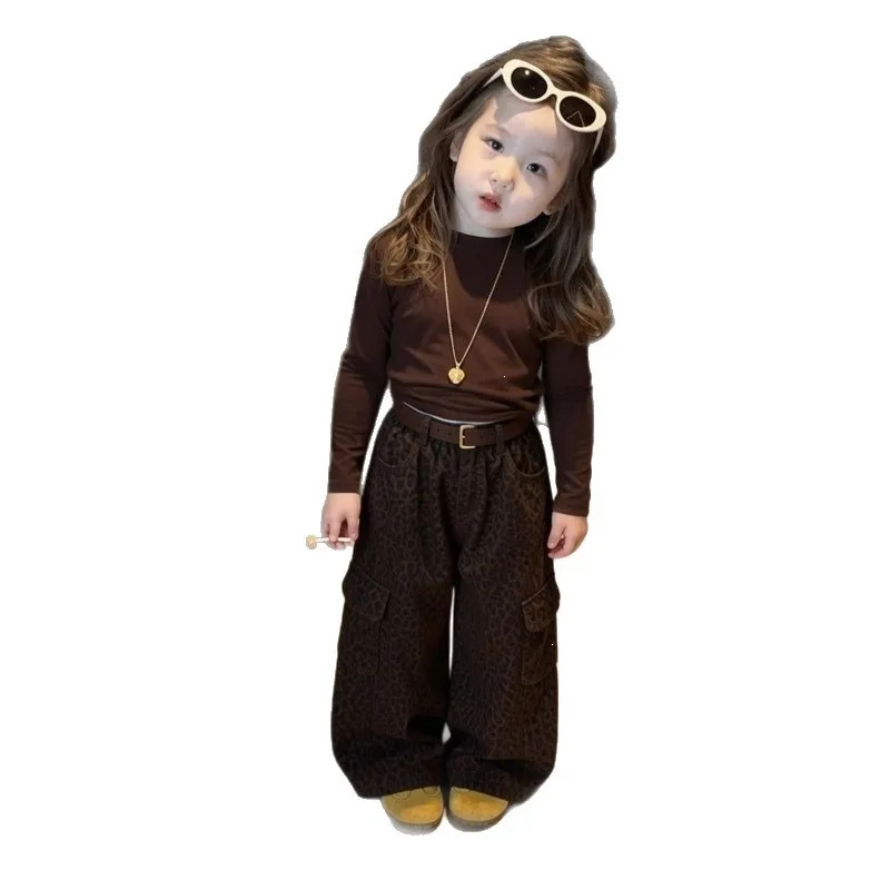 Suit Girls Leopard Print Work Pants 2026 Spring and Autumn New Style Trendy Cool Children Base Shirt Two-piece Set
