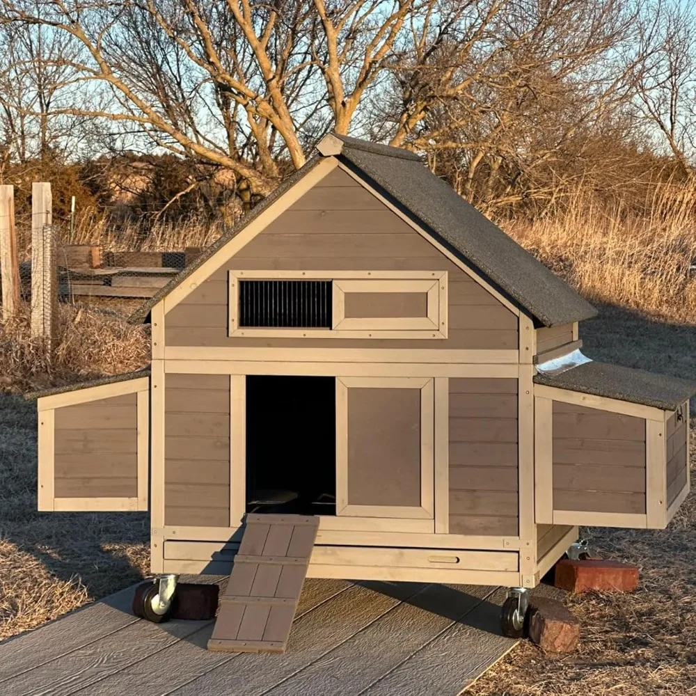 

Chicken Coop Poultry Cage on Wheels Outdoor Duck Coop Wooden Hen House with Large Nesting Box,Chicken Coop